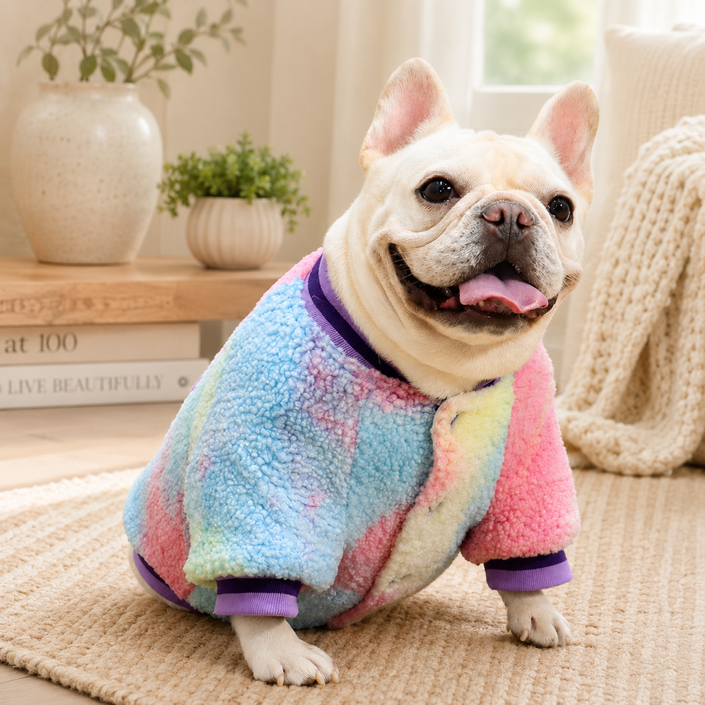 Pastel tie-dye sherpa jacket on French Bulldog
