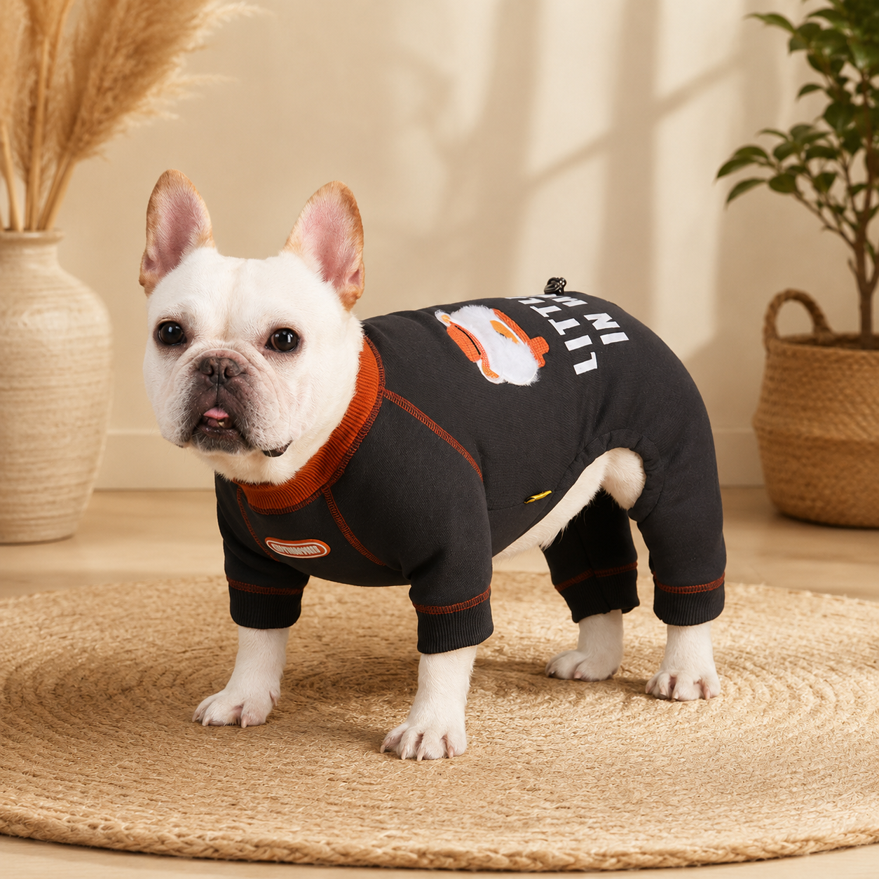 Fleece-Lined Embroidered Four-Legged Jumpsuit for French Bulldogs