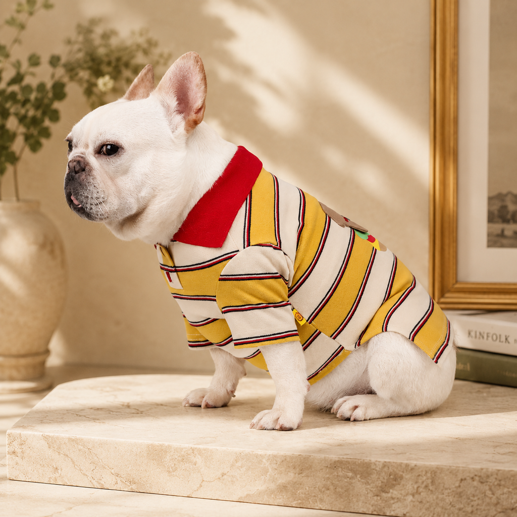 French Bulldog Striped Knit Dog T-Shirt with Embroidered Patch