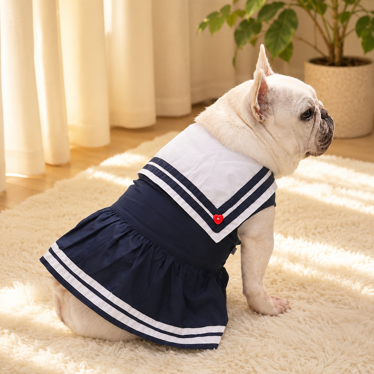 Frenchie Nautical Striped Dog Dress with Sailor Collar