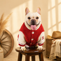 Red sherpa varsity jacket on French Bulldog