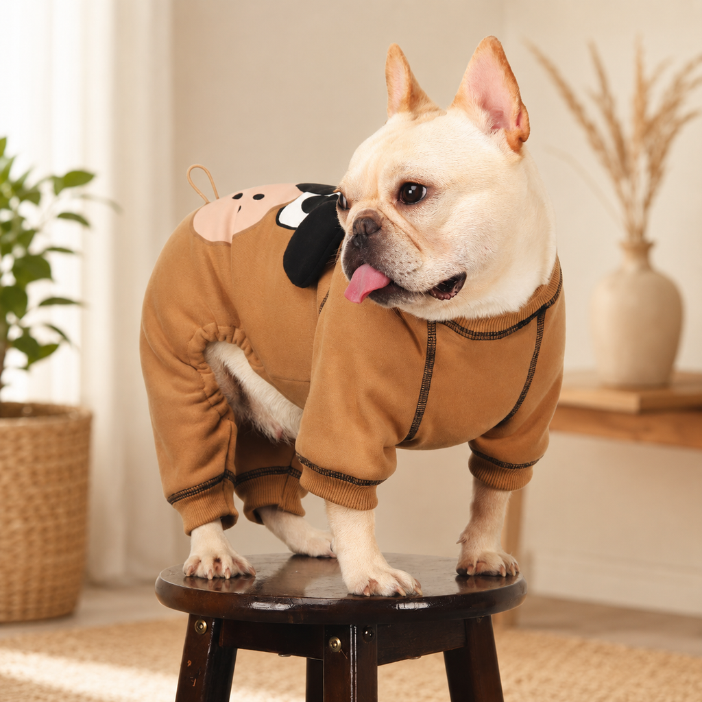 French Bulldog Printed Four-Leg Dog Jumpsuit – Cozy Pet Outfit for Fall & Winter