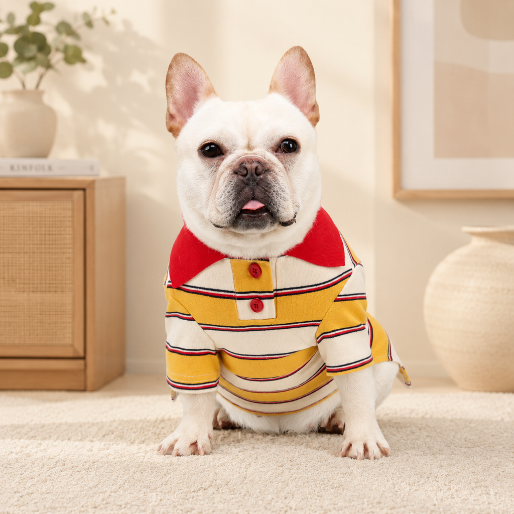 French Bulldog Striped Knit Dog T-Shirt with Embroidered Patch