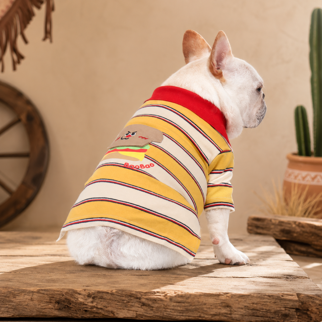 French Bulldog Striped Knit Dog T-Shirt with Embroidered Patch