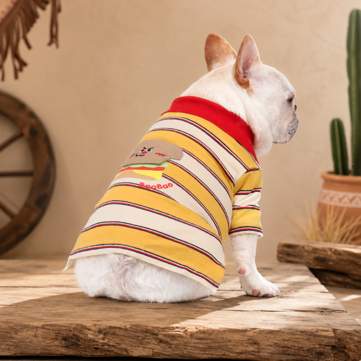 French Bulldog Striped Knit Dog T-Shirt with Embroidered Patch
