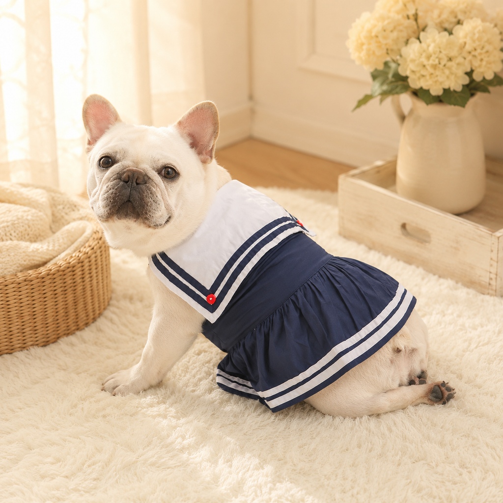 Frenchie Nautical Striped Dog Dress with Sailor Collar
