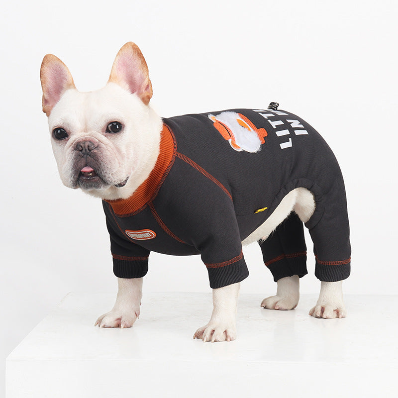 Fleece-Lined Embroidered Four-Legged Jumpsuit for French Bulldogs