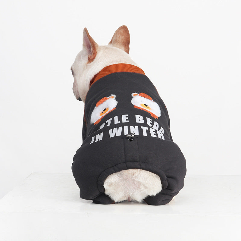 Fleece-Lined Embroidered Four-Legged Jumpsuit for French Bulldogs