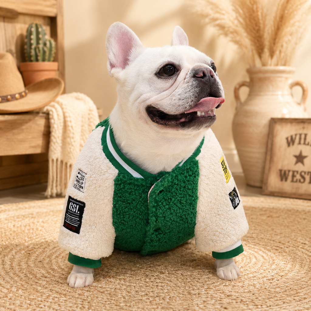 Fluffy varsity jacket back view
