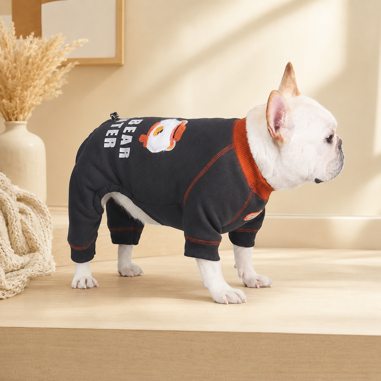 Fleece-Lined Embroidered Four-Legged Jumpsuit for French Bulldogs