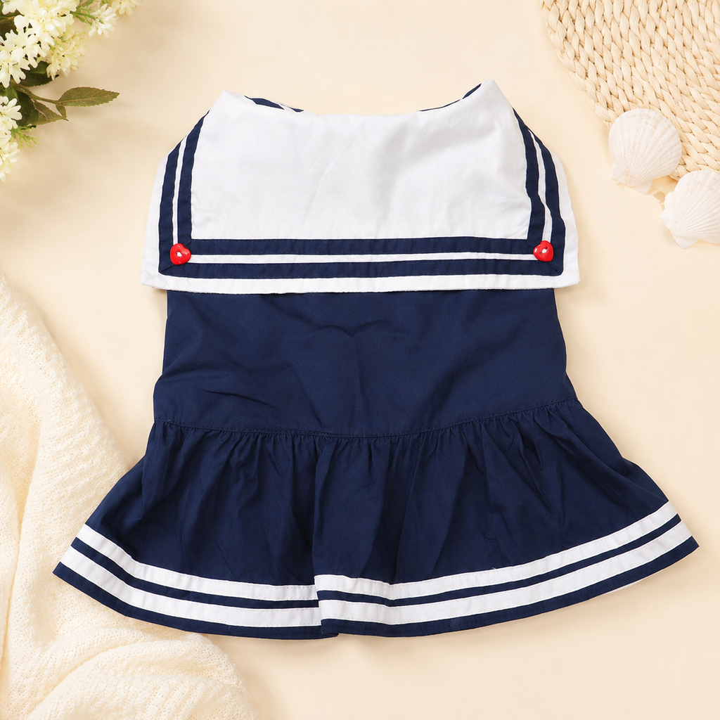 Frenchie Nautical Striped Dog Dress with Sailor Collar