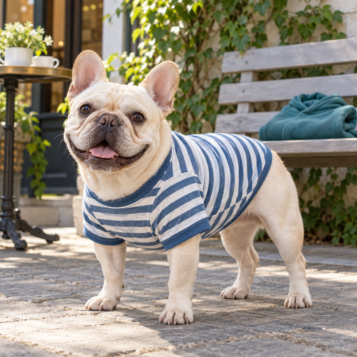French Bulldog wearing a striped everyday T-shirt on a cafe patio