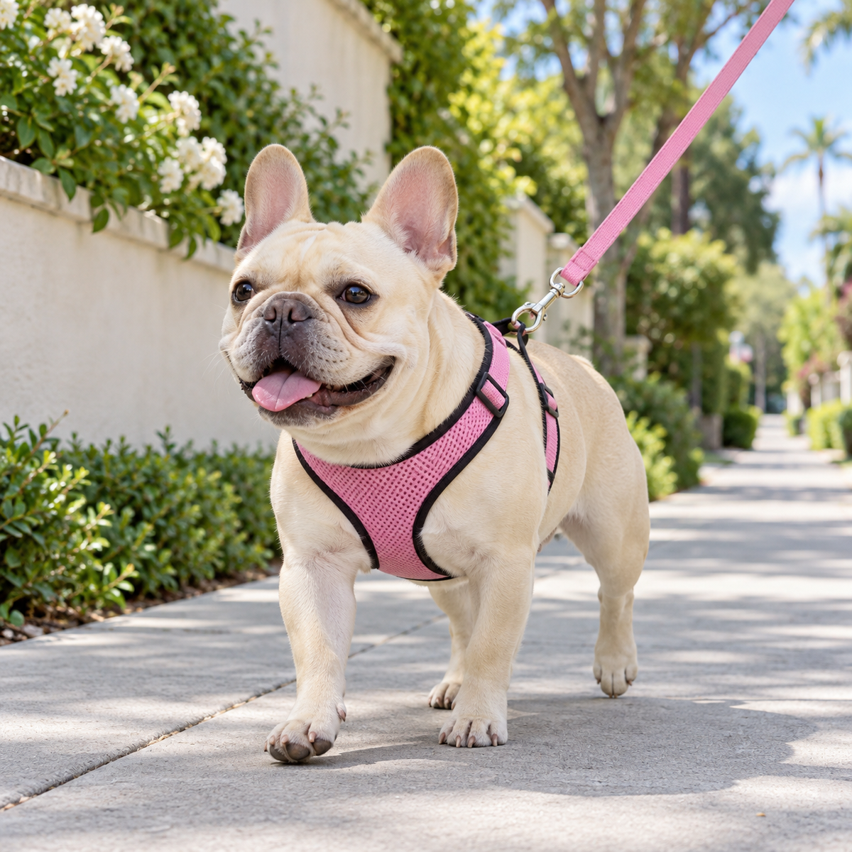 French Bulldog wearing a pink walking harness with a leash outdoors