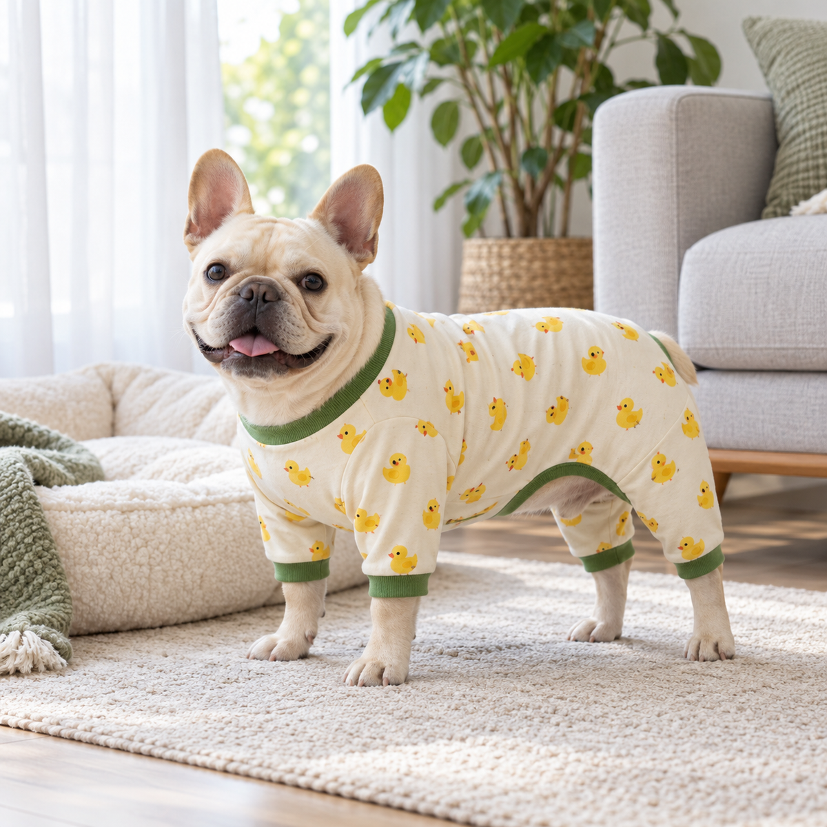 French Bulldog wearing four-leg duck-print homewear beside a dog bed