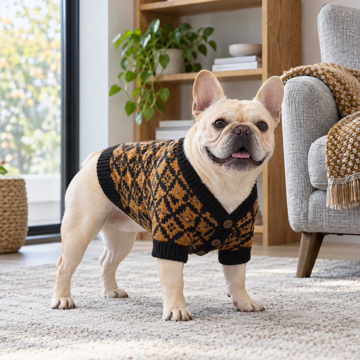 French Bulldog wearing a knit cardigan in a bright reading corner