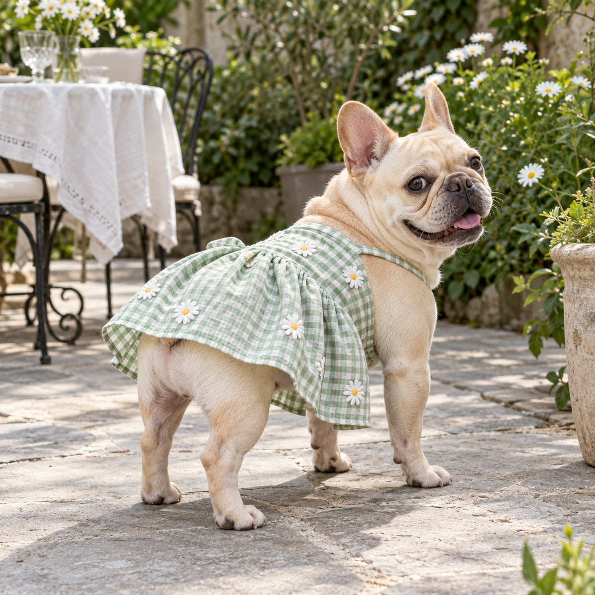 French Bulldog wearing a gingham dress in a garden courtyard