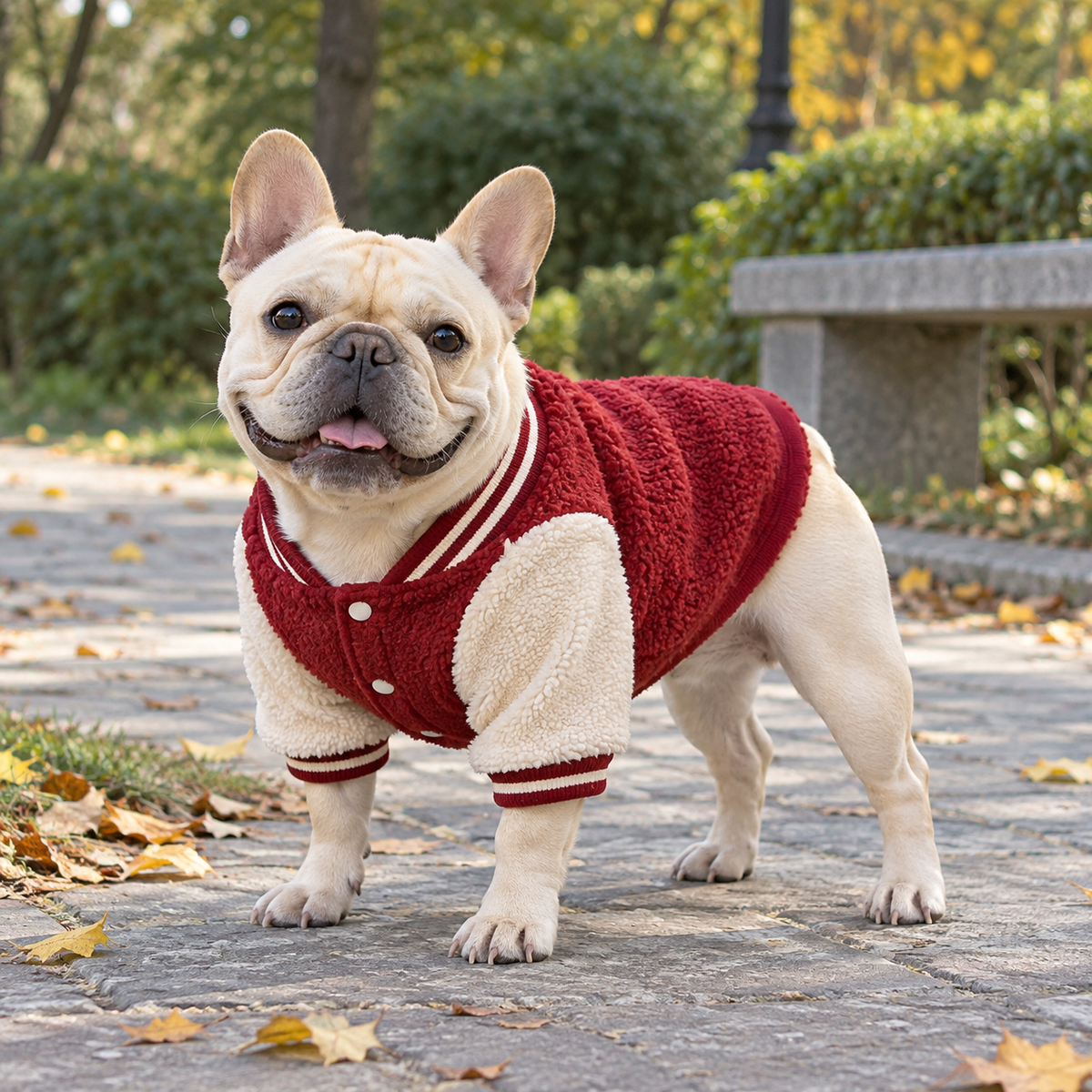 French Bulldog wearing a sherpa jacket on an autumn park path