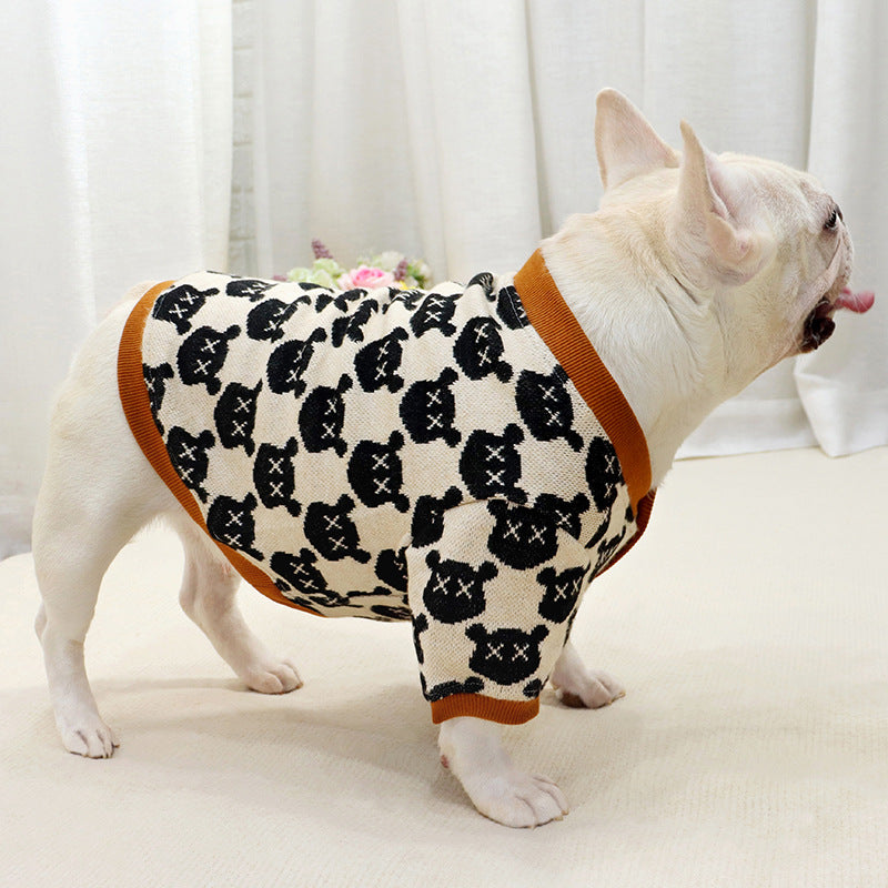 French Bulldog V-Neck Knit Sweater Cardigan - Snap Button, Broad Chest Pet Clothes for Spring Fall