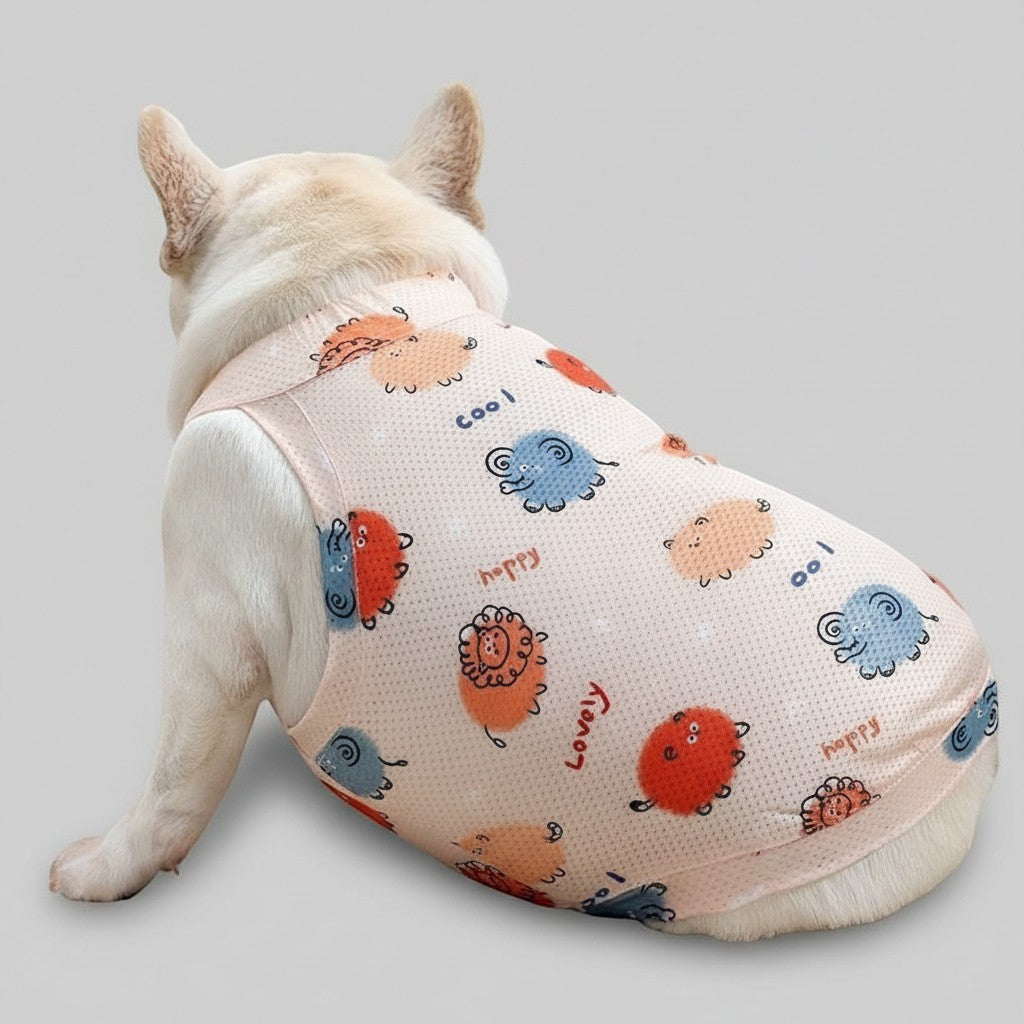 Frenchie Family Co. light pink mesh dog tank top with cartoon animal print and text 'cool', 'happy', 'lovely'. Sleeveless design for summer.