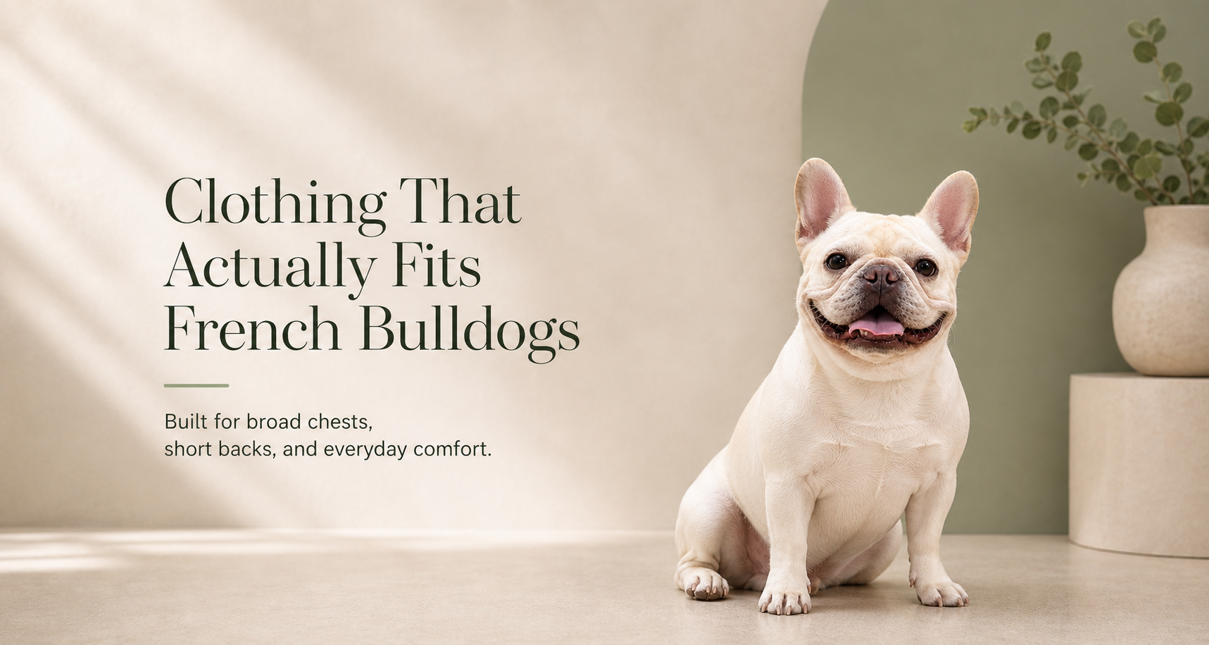 Homepage hero banner with French bulldog and premium brand copy