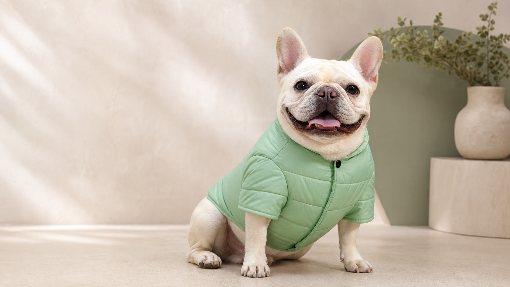 French bulldog wearing a sage green quilted padded vest in a premium studio setting