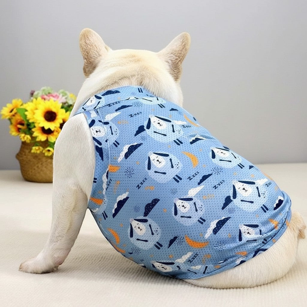 Frenchie Family Co. blue mesh dog tank top with a cute French bulldog sleeping sheep pattern. Sleeveless, breathable summer apparel.